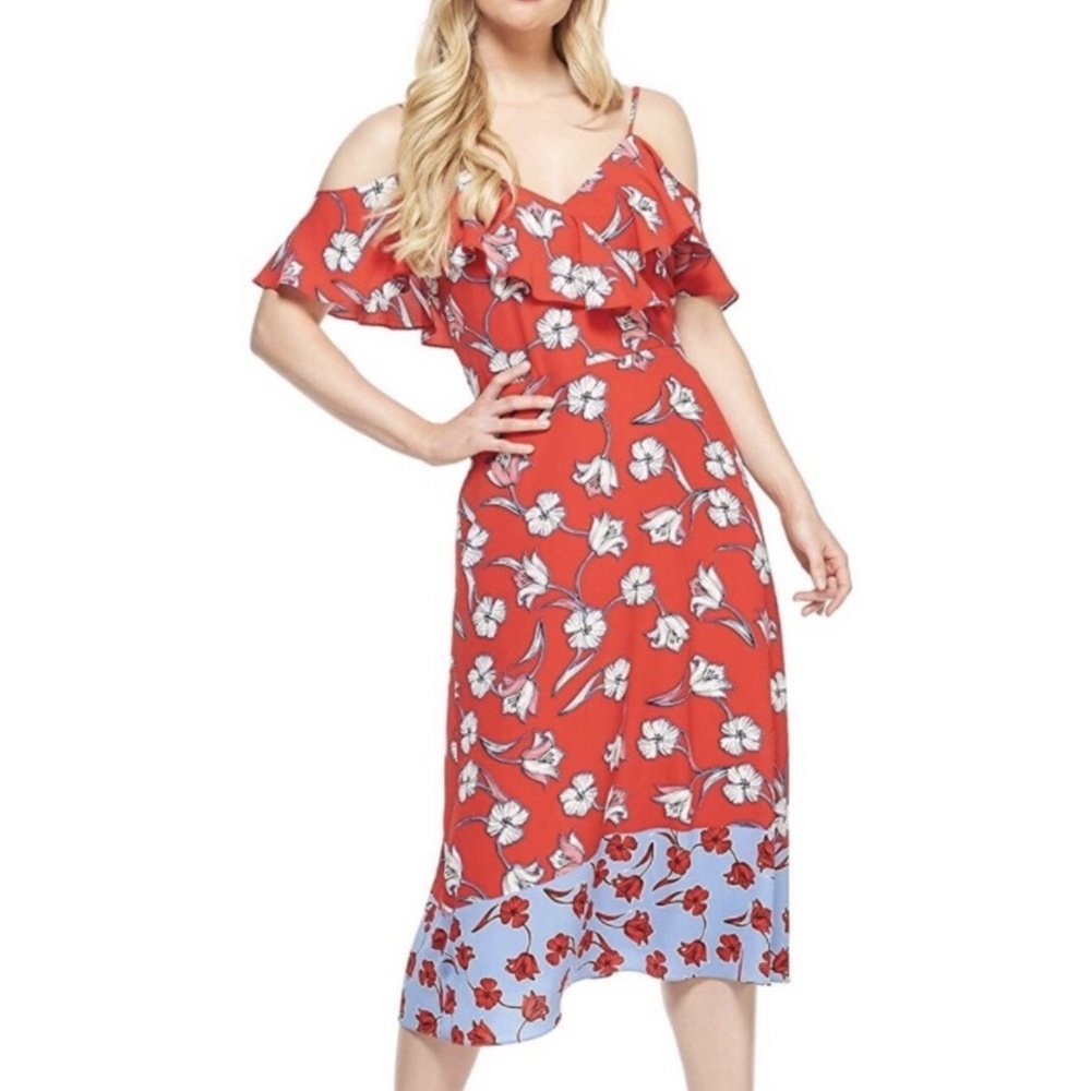 London Times Petite off the shoulder, spaghetti strap red/blue floral dress
